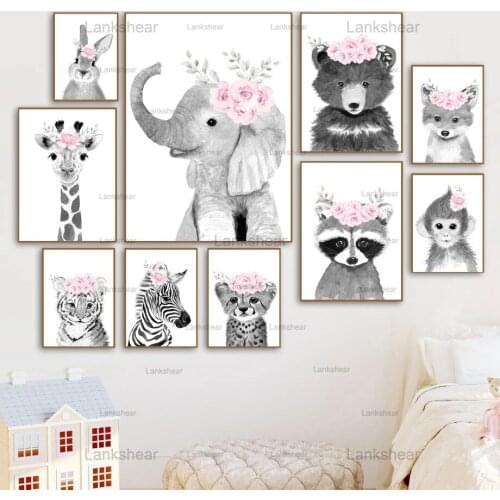 Nordic Canvas Painting Safari Animal Giraffe Tiger Zebra Rabbit Wall Art Posters Pictures Baby Kids Room Nursery Wall Decor