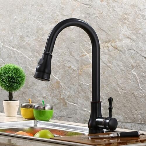 LIUYUE Kitchen Faucets Black/Chrome Brass 360 Rotate Pull Out Kitchen Mixer Faucet Button Switch Cold Hot Water Sink Mixer Taps