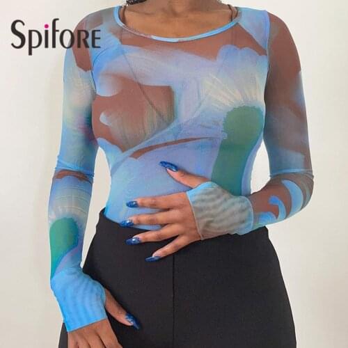 Spifore Printed Mesh Summer Tops See Through O Neck Streetwear Women T-Shirt New Fashion Long Sleeve Tie Dye Tees Shirts