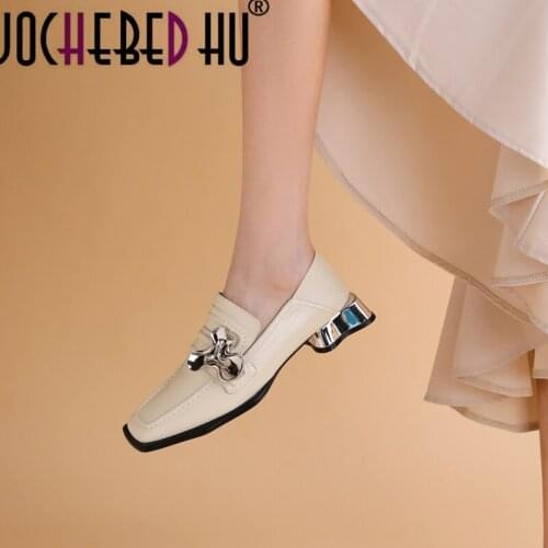 【JOCHEBED HU】2021 New Women Pumps Real Leather Metal Chain Square Toe Women Shoes Daily Fashion Women Footwear Size shoes 34-42