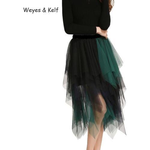 Weyes & Kelf Green Blue Mesh Irregular Women Skirt For Summer Short Tulle Skirt Women Sexy Party Women Skirts