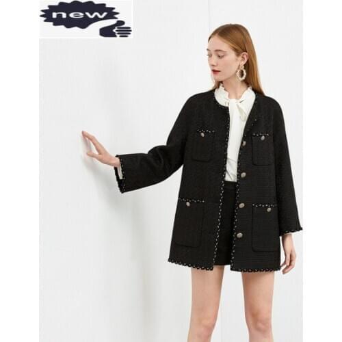 Spring Women Black Tweed Jacket Office Elegant Jackets Pockets Single Breasted Vintage High Street Loose Casual Female Coat