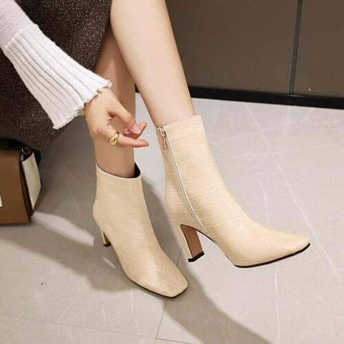 Women Ankle Boots Bamboo pattern PU Leather Feet Length Boots For Women Square Toe Chelsea Boot Fashion High Heel women shoes