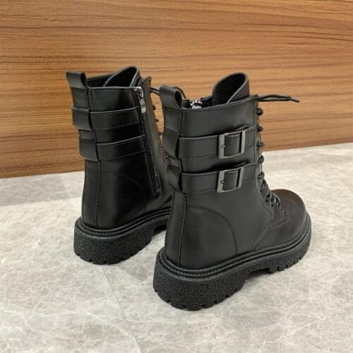 Womens Chunky Low Heels Boots Lace Up Back Zipper 2021 Autumn Trend Design For Females Black White Classic Motorcycle Boots
