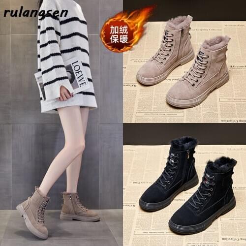 Plus Velvet Martin Boots Women 2020 Winter New British Style Cow Suede Frosted Surface Casual Warm Mid-Tube Womens Boots