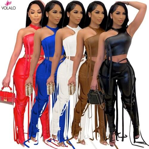2021 PU Leather Bandage Two Piece Set Women Sexy One Shoulder Crop Top + Lace Up Slit Hem Pants Club Party 2 Piece Set Outfits