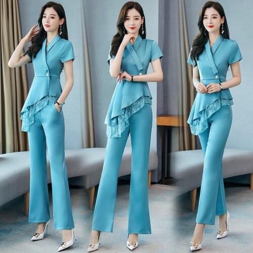 Summer Womens Suits Set Fashion Single Button Blouse Shirt Tops + Long Legs Pant Ladies Elegant Lace Patchwork Two Pieces Suit