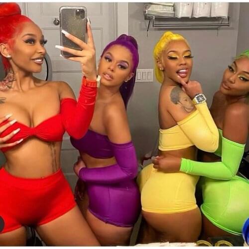 Sexy Solid Off the Shoulder Long Sleeve Crop Top + Shorts 2 Piece Outfits Womens Fashion Candy Colors Club Two Piece Set Women