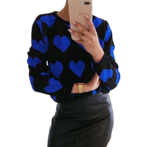 Casual O-Neck Heart Printing Long-Sleeve Women Sweater For Autumn Winter 2021 Female New Splice Loose Pullover Clothing Sweaters