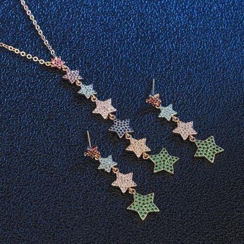 2019 jewelry Sets Copper Pentagram Multicolor AAA Cubic Zirconia Gold Necklace Earrings Wedding Party Women Fashion Jewelry Gift