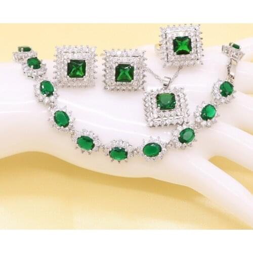 Silver colorGreen Semi-precious Crystal White Zirconia Bridal Jewelry Sets For Women Necklace Pendant Earrings Rings Bracelets