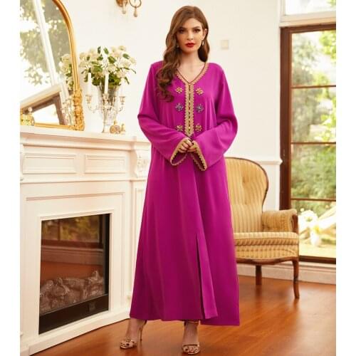 Womens Clothing Rose Red Hand-Stitched Diamond Gold Embroidery Side Long-Sleeved Arabian Long Dress Robe Dress 2021 Autumn New