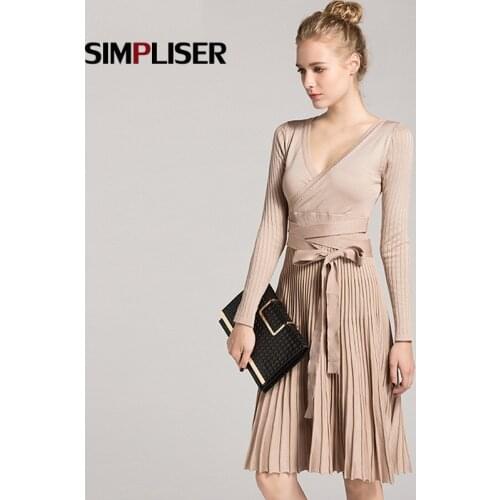 Women Knitted Dress Vintage Deep V-Neck Womans Casual Vestidos Bow Tie Dresses 2019 Spring Female Elegant Dress High Waist