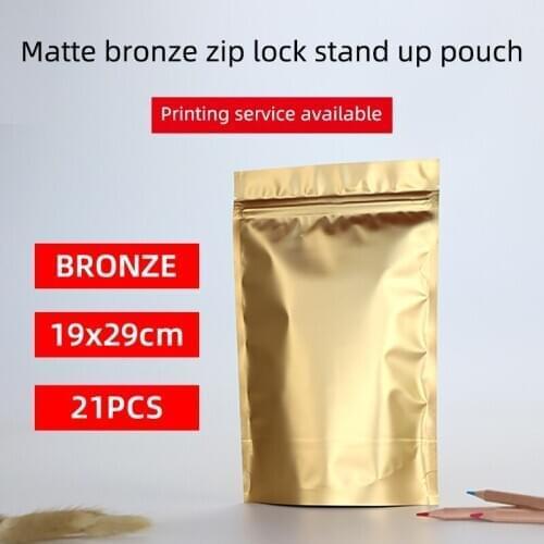 19x29cm 21pcs matte bronze stand up pouch with zipper aluminum foil VMPET zip lock bag tea snacks packaging bag