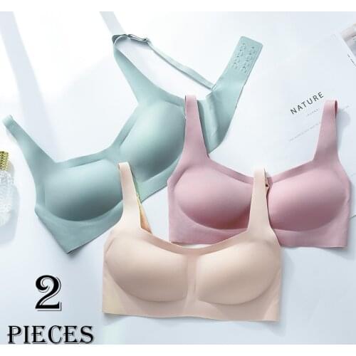 2pcs/set No Trace No Steel Ring One Piece Women Underwear Vest-style Bra Big Breasts Gathered Pure Color Bra