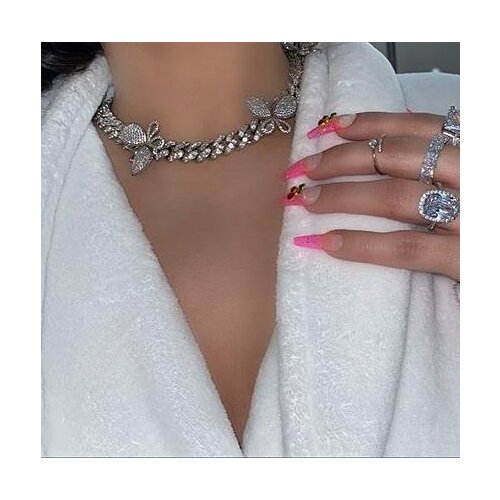 2021 Top Fashion Pink Butterfly Pendant Iced Out Cz Tennis Cuban Chain Choker Necklaces For Women Lady Hiphop Charm Jewelry Gift