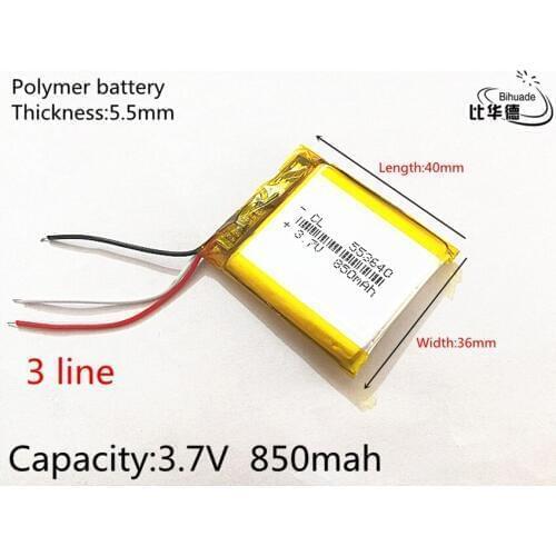 3 line 3.7V 850mAh 553640 Lithium Polymer Li-Po li ion Rechargeable Battery cells For Mp3 MP4 MP5 GPS mobile bluetooth