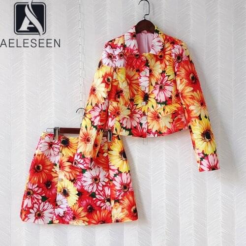 AELESEEN Runway Fashion 2 Pieces Sets Women High Quality Autumn Jacket+Mini Skirt Colorful Flower Print Elegant Twinsets