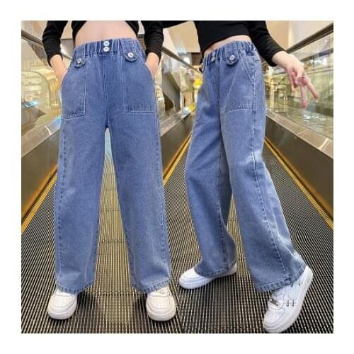 Girls Jeans Patch Pocket Jeans For Teens Girls Elastic Waist Kids Jeans Spring Autumn Casual Jeans Clothes For Girls 6 8 12 Year