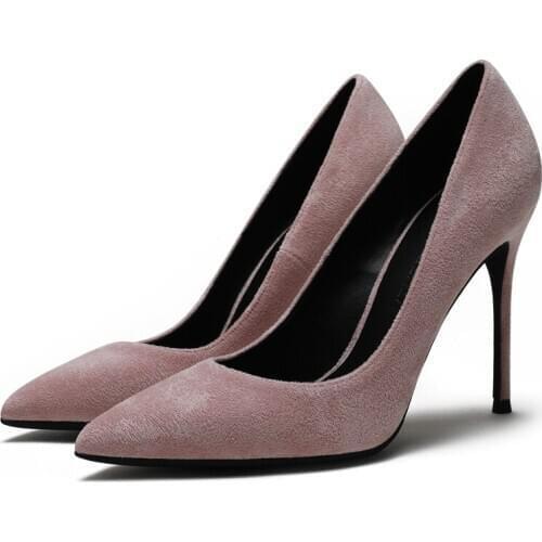 Mature Womens Elegant Footwear Classic Kid Suede Leather Date Large Size 41 Slip On Pumps Woman Shoes High Heel Shoes E0075