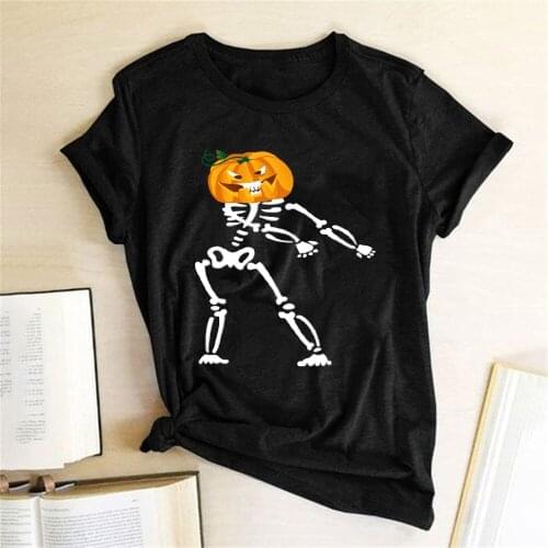 Pumpkin Head Skeleton Print Halloween T-shirts Women Summer Graphic Tee Streetwear Woman Tshirts Cotton Short Sleeve Ladies Tops