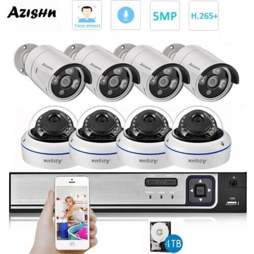 AZISHN H.265 8CH 5MP POE NVR Kit CCTV Security System Dome Indoor Outdoor 5.0MP Audio Camera P2P Onvif Video Surveillance Set