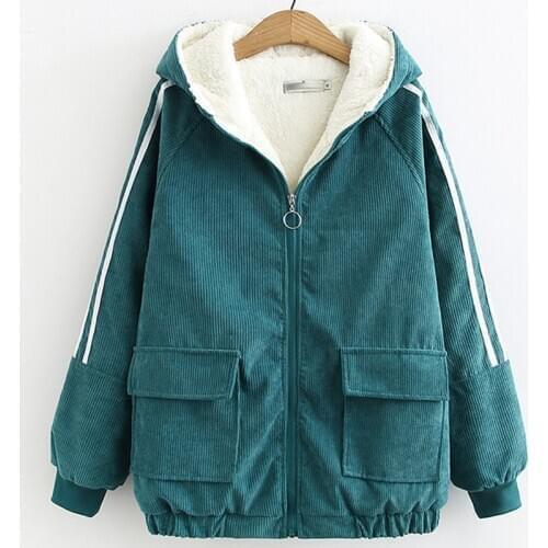 Womens Cotton Coat Winter Jacket Ladies Corduroy Cotton Outerwear Winter Plus Velvet Thick Warm Jackets Zipper Overcoat A1419