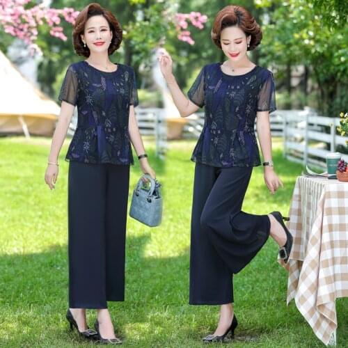 Mother Summer Short Sleeve T-shirt ops + Pants Middle-aged Women Clothes Temperament Two Pieces of Suits Female Age 2 Pieces Set