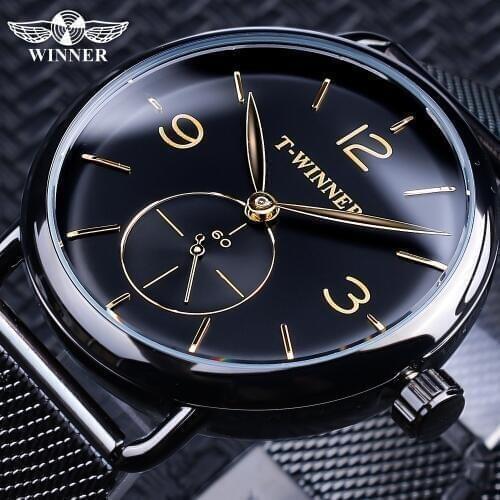 Winner 2019 Fashion Sub Dial Design Classic Black Golden Clock Male Mens Mechanical Wrist Watches Top Brand Luxury Waterproof