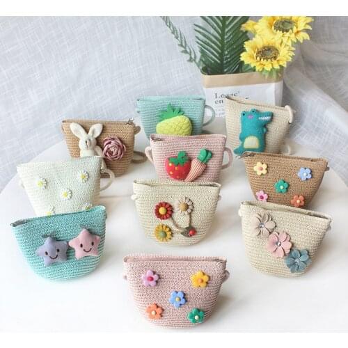 Cute Childrens Bags Girls Messenger Bag Handmade Straw Shoulder Bags Kids Mini Handbags Baby Girls Summer Beach Messenger Bag