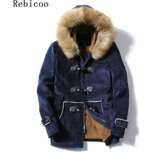 Mens Hooded Winter Jacket New Mens Hooded Fur Collar Cotton Quilted Plus Velvet Warm Long Horn Buckle man Cotton Coat