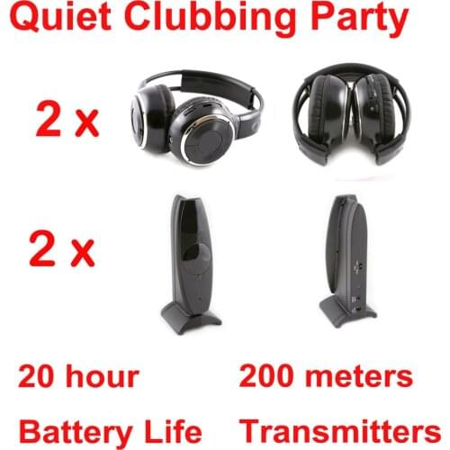 Silent Disco Headset system black folding wireless headphones - Quiet Clubbing Party Package (2 Headphones + 2 Transmitters)