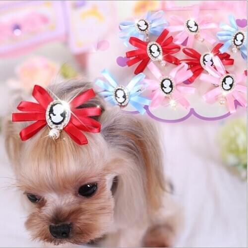 2015 New Pet dog Flash Diamond Pearl Hairpin Ribbon Dog Accessories Pet Grooming Product 12pcs/lot