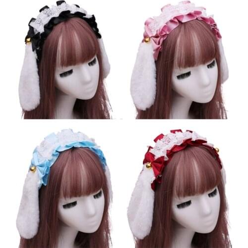 Hair hoop band Lolita Ruffle Lace Headband Lop Bunny Rabbit Ear Bell Gothic Cosplay Costume dress up Headwear Headdress Props