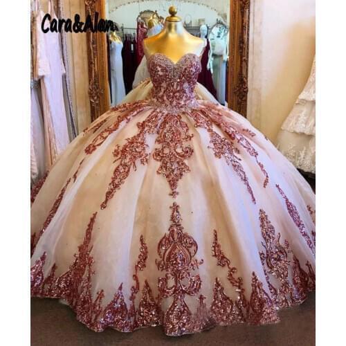Champagne Organza Quinceanera Dresses Sequined Applique Beaded Sweetheart Pageant Dress Mexican Girls Birthday Gowns