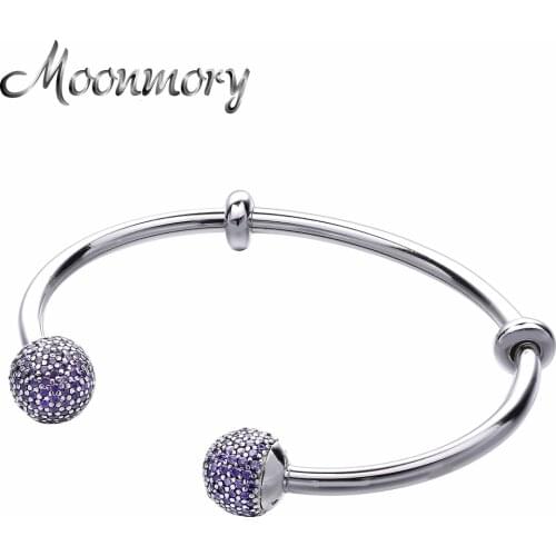 Moonmory Silver Open Bangle with Pave Caps S925 Sterling Silver bead Bracelet with Screw Purple Zircon For Woman Diy Jewelry