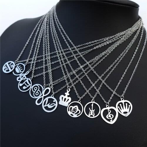 Stainless Steel Necklace Music Notes Guitar Crown Tiara Infinity Love Pendant Fashion Jewelry Gift