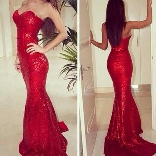 Prom dress 2019 red prom dresses sweetheart mermaid bare back sequin party dress with sweep train