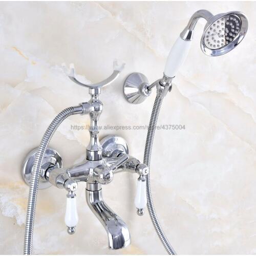 Polished Chrome Dual Ceramic Handles Bathtub Shower Faucet Wall Mount Bathroom Tub Faucet with Handheld Sprayer Nna711