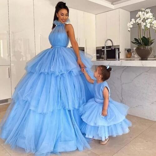 Puffy Princess Blue Mother Daugher Ball Gowns First Girls Communion Mom and Girls Matching Dresses Blue Puffy Gowns Custom