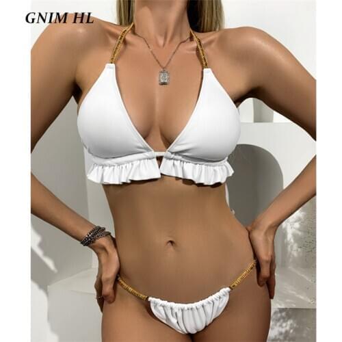 GNIM Sexy Rhinestones Bikini Set 2021 Ruffle Swimwear Women Bandage Swimsuit Female 2 Pieces Solid Thong Swimming Suit For Women