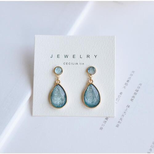 Japanese Simple Temperament Female Blue Crystal Stone Geometry Water Drop Clip Earrings No Piercing For Korean Women Girls Gift