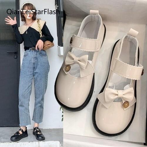 Lolita Shoes Patent Leather Mary Janes Shoes Round Toe Casual Shoe Bowtie Button Women Flats Spring Autumn zapatos mujer