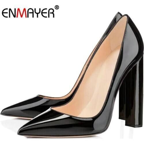 ENMAYER 2020 Basic Patent Leather Pointed Toe High Heels Casual Sexy Women Heels Square Heel Slip-On Fashion Womens Shoes 34-43