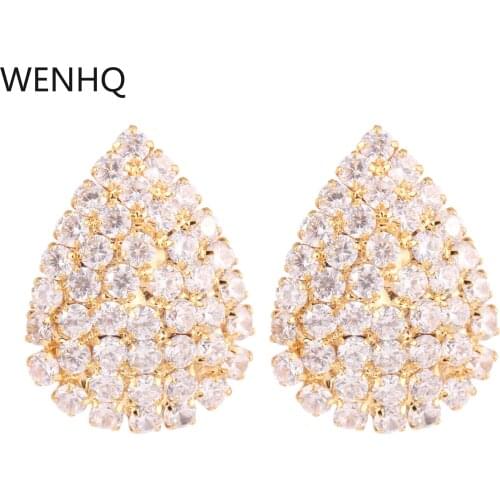 WENHQ Hot Sale Water Drop Stud Clip on Earrings Women Girl Birthday Party Statement CZ Earrings Hypoallergenic Ear Clip New