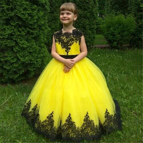 Yellow Flower Girl Dress, Long Flower Tulle Gown For Toddler, Floor-Length, Junior Bridesmaid, Long Train Dress