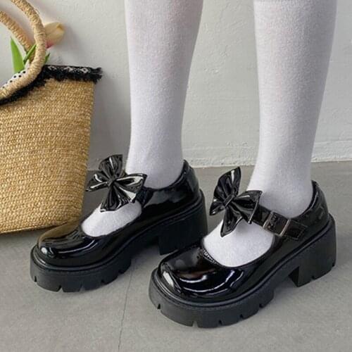 Lucyever Fashion Bow Platform Mary Janes Women 2021 New Ankle Buckle Square Heels Pumps Woman Round Toe Thick Bottom Lolita Shoe