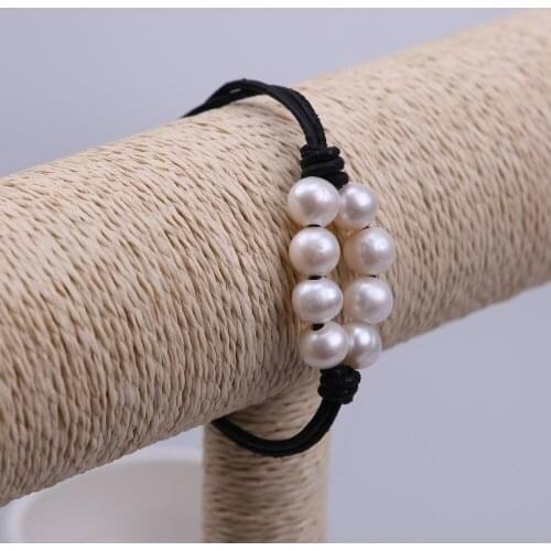 Ambrum Valentines Day Women Pearl Bracelet Black Leather Pearl Bangle Knotted Pearls Jewelry Beaded Bracelet Dropshipping