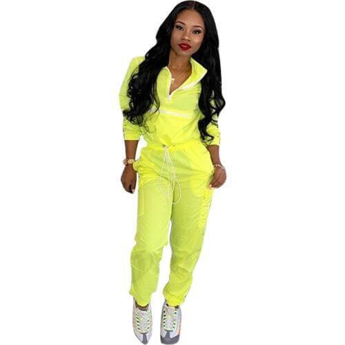 Neon Color Women Crop Top And Long Pants 2 Pieces Outfits For Women Drawstring Outwear Tracksuit LD8238