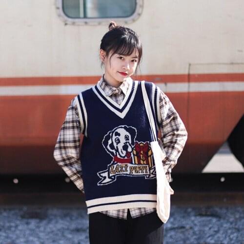 Harajuku Cartoon Dog Jacquard Women Sweater Vest Kawaii Cute Knitted Pullover 2021 Winter Warm V Neck Sleeveless Ladies Soft Top